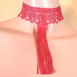 Red Tassel Choker Necklace, Red Lace Choker, Red Tassel Necklace, Red Jewelry
